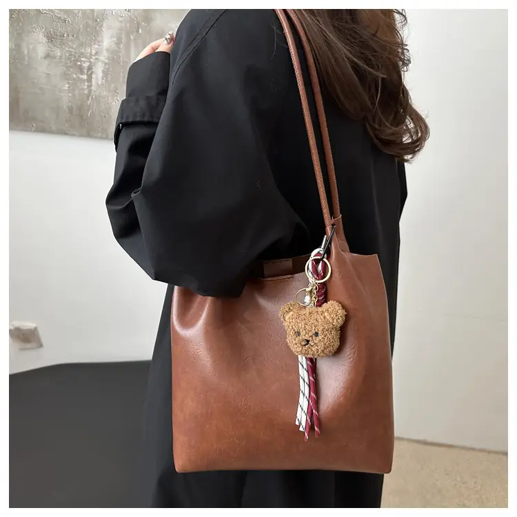 Brown One-Shoulder Women's Tote Bag with Tassel — feature 12