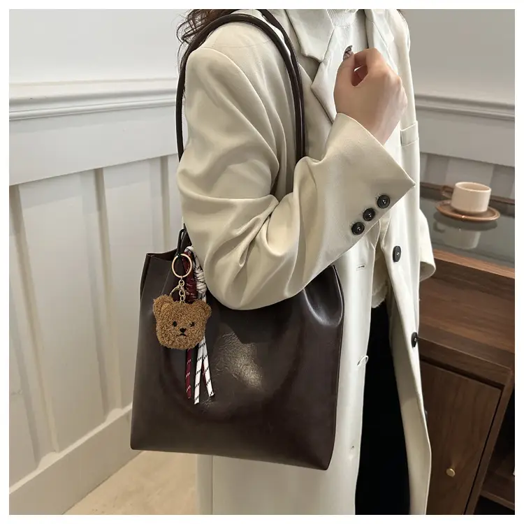 Brown One-Shoulder Women's Tote Bag with Tassel — feature 14