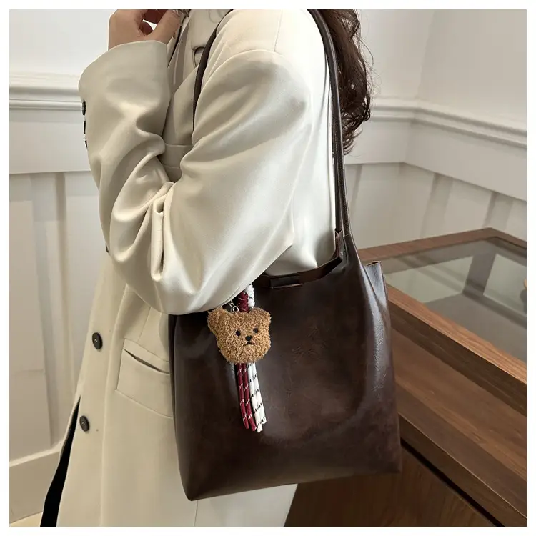 Brown One-Shoulder Women's Tote Bag with Tassel — feature 17