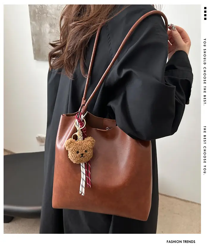 Brown One-Shoulder Women's Tote Bag with Tassel — feature 2