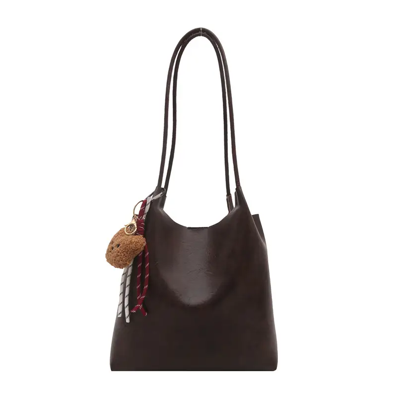 Brown One-Shoulder Women's Tote Bag with Tassel - Image 3