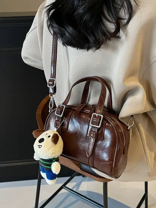 Women's Black Retro Crossbody Bag with Cute Bear Pendant