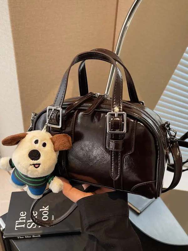 Women's Black Retro Crossbody Bag with Cute Bear Pendant