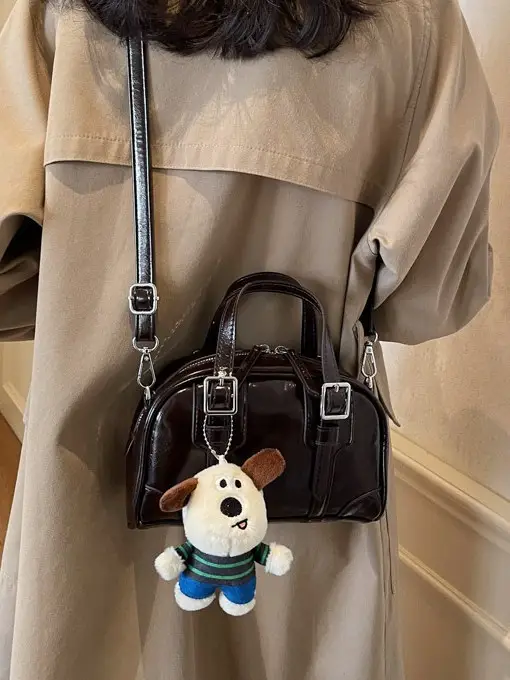 Women's Black Retro Crossbody Bag with Cute Bear Pendant