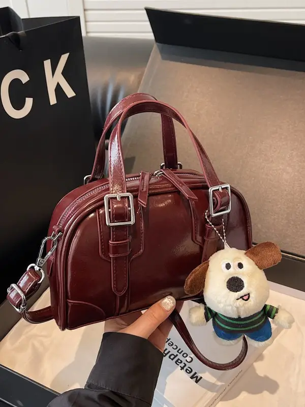 Women's Black Retro Crossbody Bag with Cute Bear Pendant