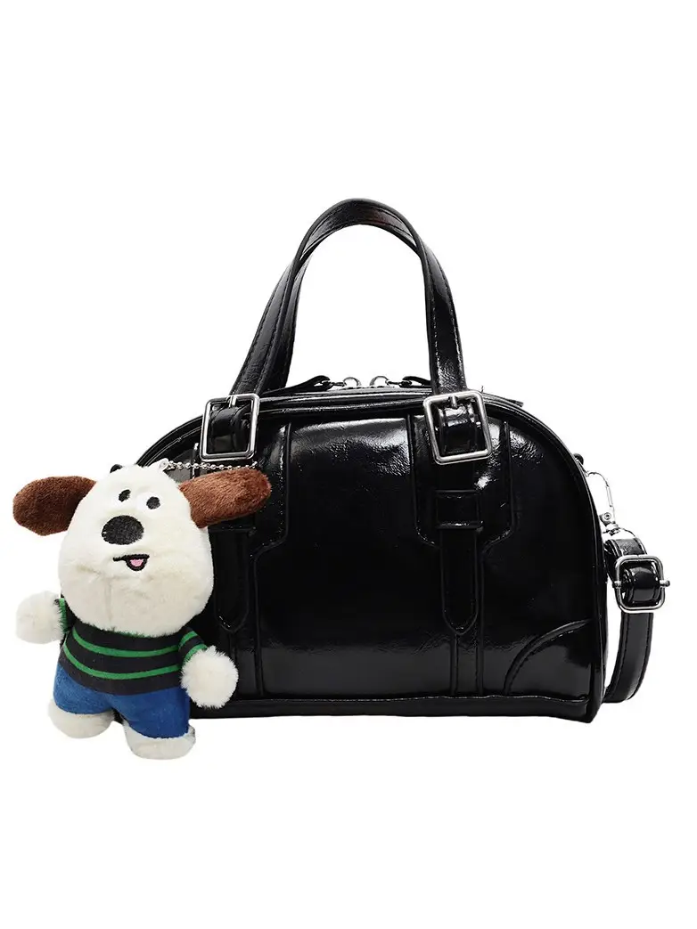 Women's Black Retro Crossbody Bag with Cute Bear Pendant