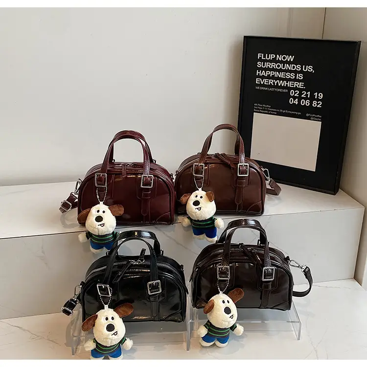 Women's Black Retro Crossbody Bag with Cute Bear Pendant — feature 1