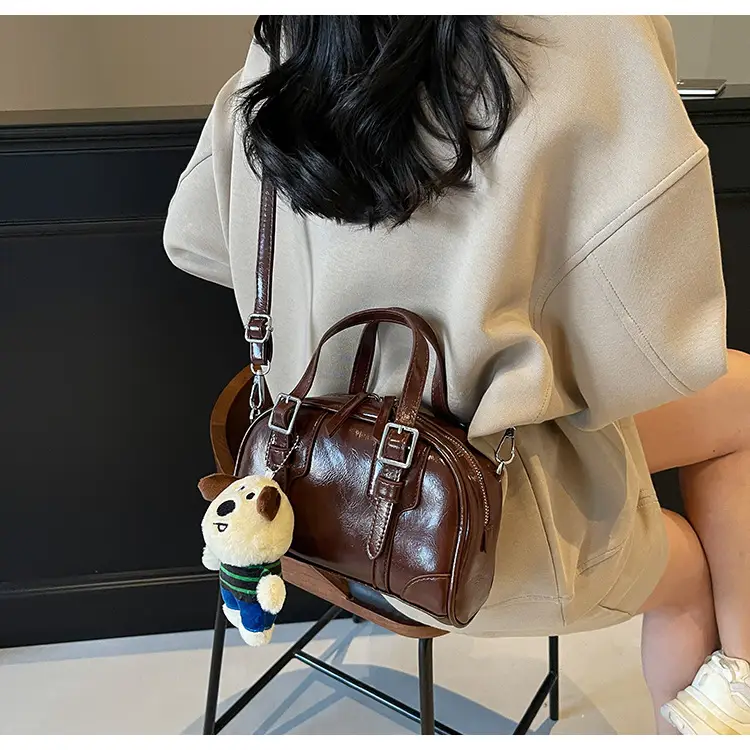 Women's Black Retro Crossbody Bag with Cute Bear Pendant — feature 10