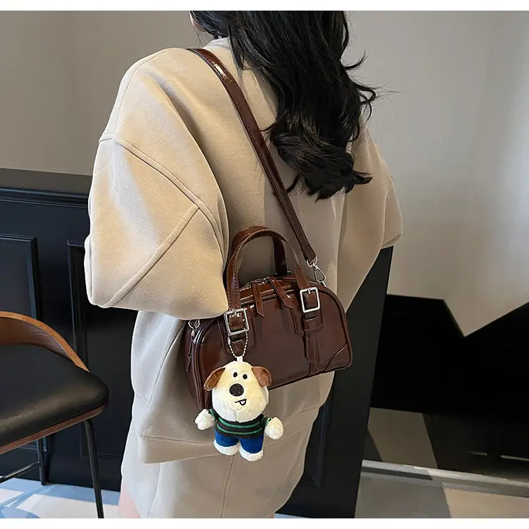 Women's Black Retro Crossbody Bag with Cute Bear Pendant — feature 11