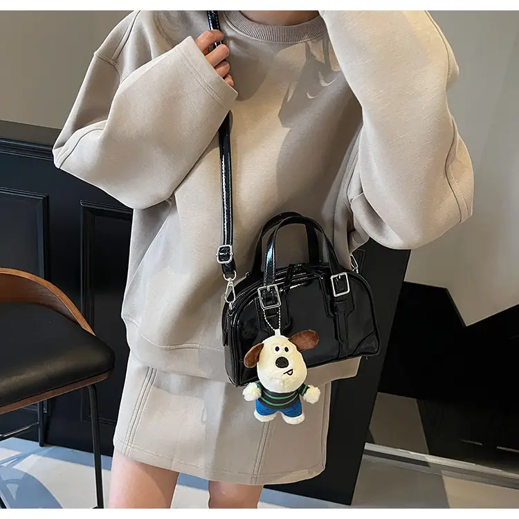 Women's Black Retro Crossbody Bag with Cute Bear Pendant — feature 12
