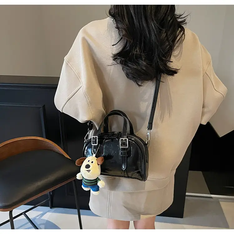 Women's Black Retro Crossbody Bag with Cute Bear Pendant — feature 13