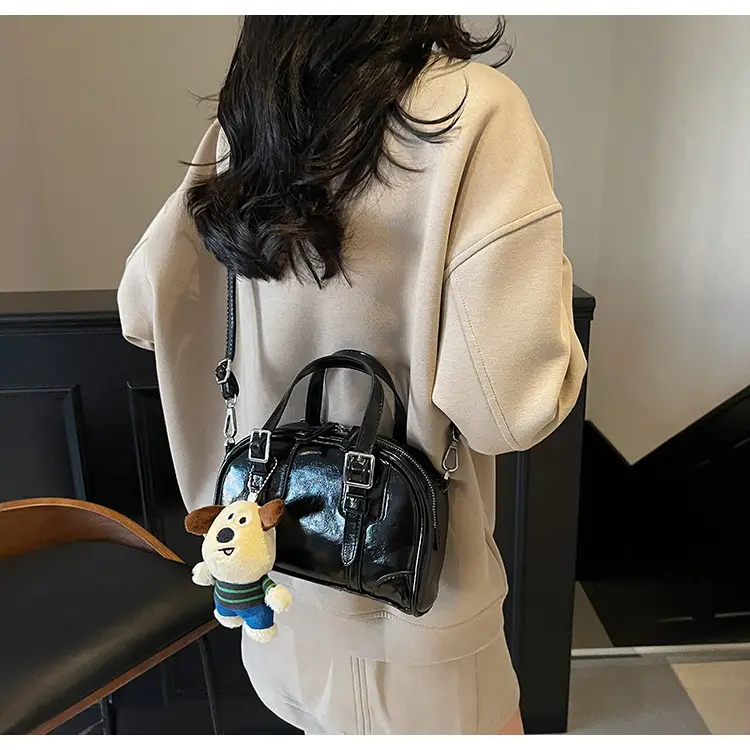 Women's Black Retro Crossbody Bag with Cute Bear Pendant — feature 14