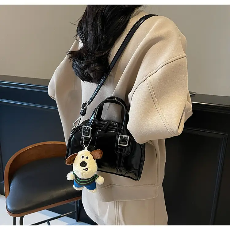 Women's Black Retro Crossbody Bag with Cute Bear Pendant — feature 15