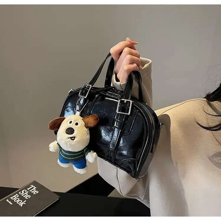Women's Black Retro Crossbody Bag with Cute Bear Pendant — feature 16