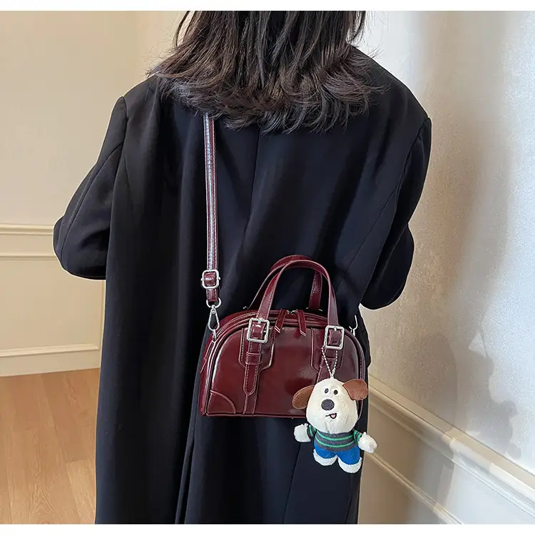Women's Black Retro Crossbody Bag with Cute Bear Pendant — feature 18