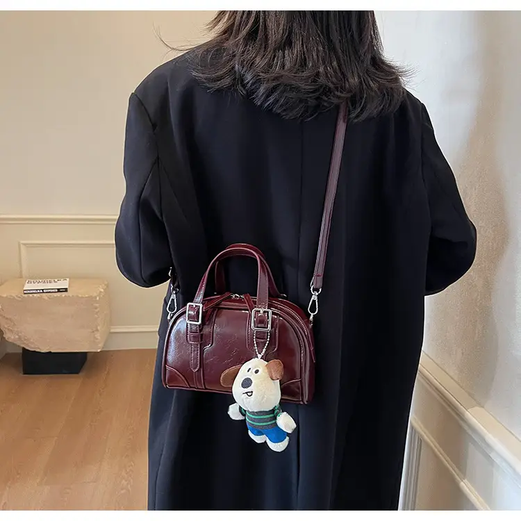 Women's Black Retro Crossbody Bag with Cute Bear Pendant — feature 19