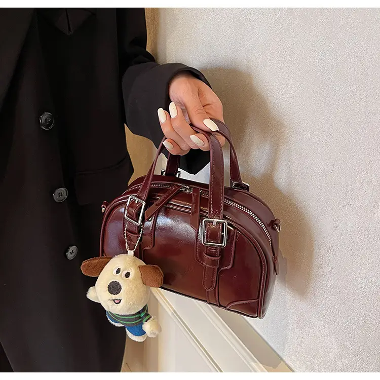 Women's Black Retro Crossbody Bag with Cute Bear Pendant — feature 21