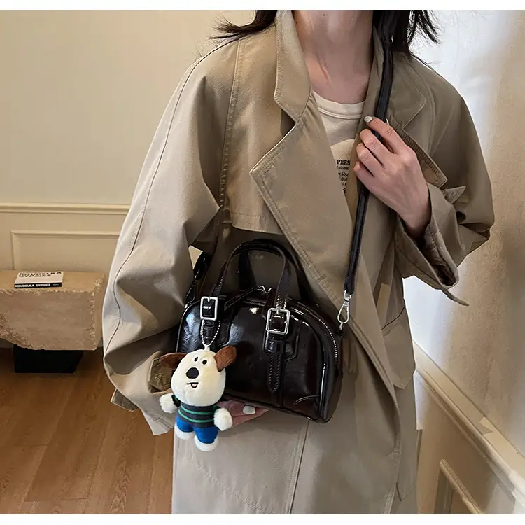 Women's Black Retro Crossbody Bag with Cute Bear Pendant — feature 22
