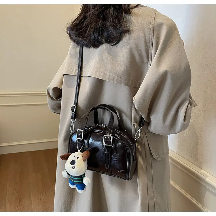 Women's Black Retro Crossbody Bag with Cute Bear Pendant — feature 23