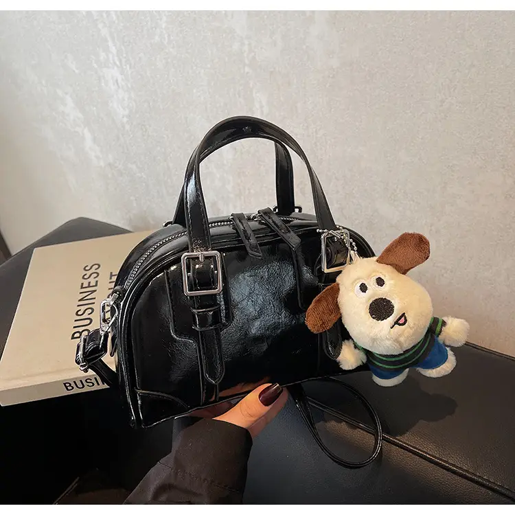 Women's Black Retro Crossbody Bag with Cute Bear Pendant — feature 27