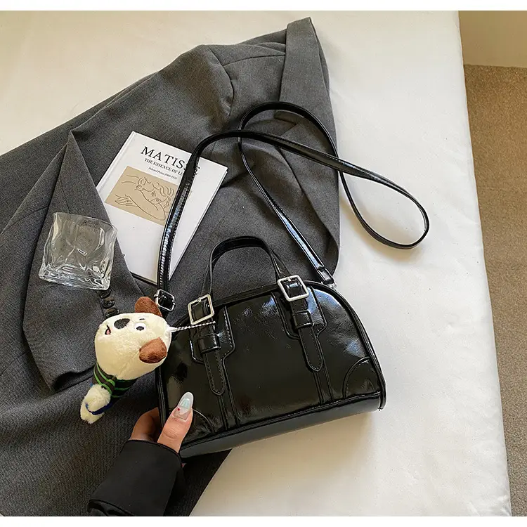 Women's Black Retro Crossbody Bag with Cute Bear Pendant — feature 29