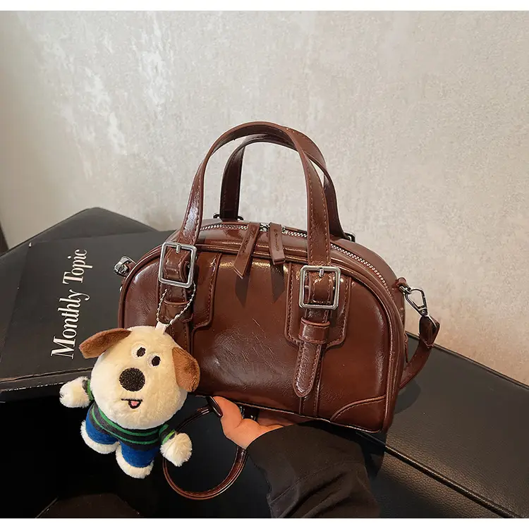 Women's Black Retro Crossbody Bag with Cute Bear Pendant — feature 30