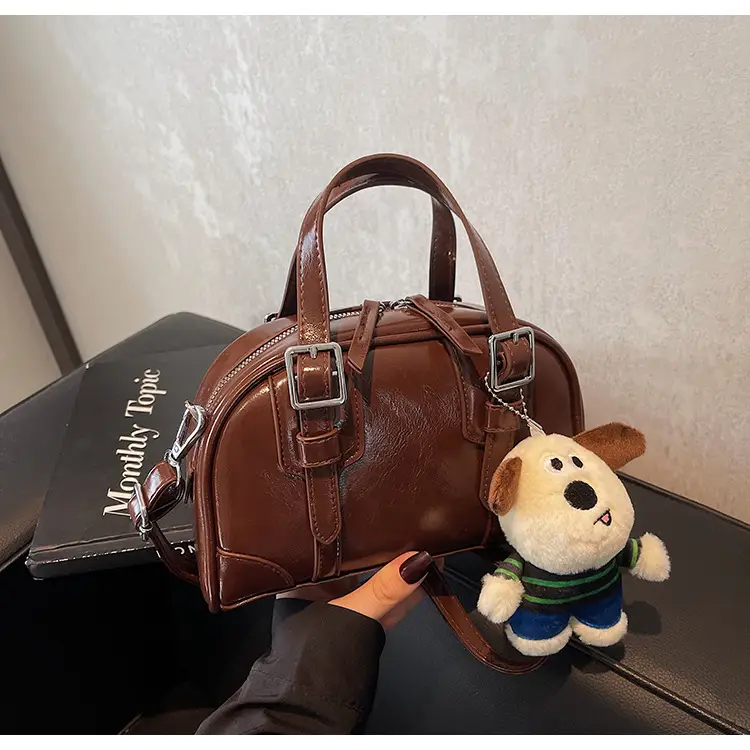 Women's Black Retro Crossbody Bag with Cute Bear Pendant — feature 31