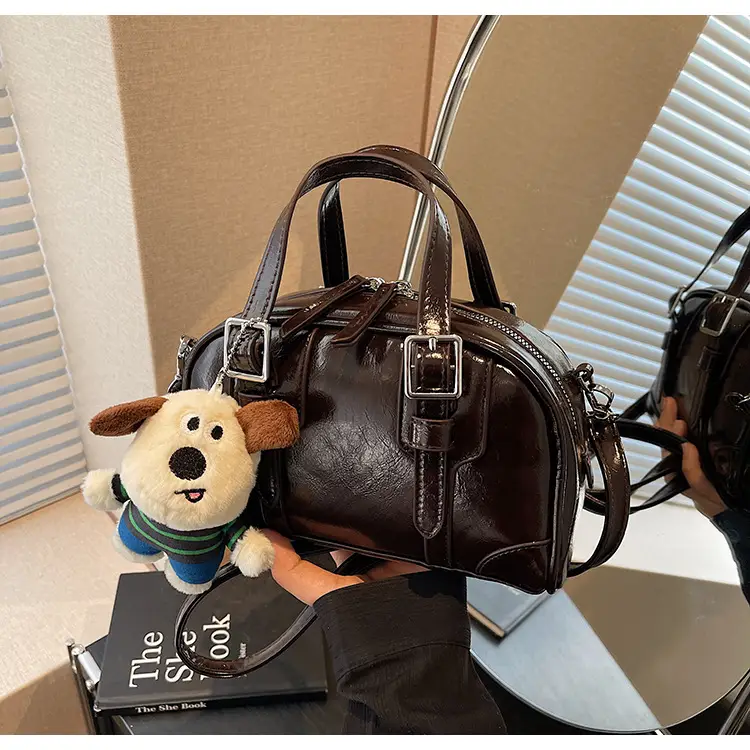 Women's Black Retro Crossbody Bag with Cute Bear Pendant — feature 33