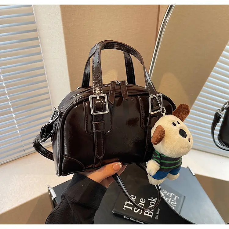 Women's Black Retro Crossbody Bag with Cute Bear Pendant — feature 34
