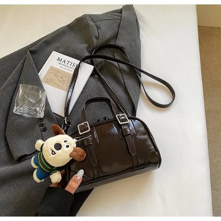 Women's Black Retro Crossbody Bag with Cute Bear Pendant — feature 35