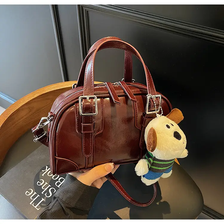 Women's Black Retro Crossbody Bag with Cute Bear Pendant — feature 36