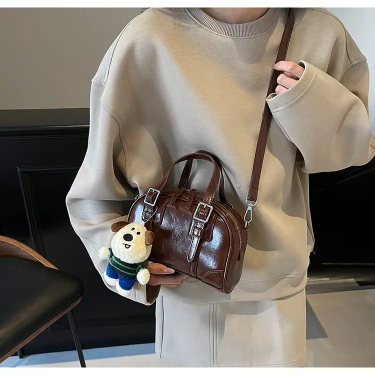 Women's Black Retro Crossbody Bag with Cute Bear Pendant — feature 8