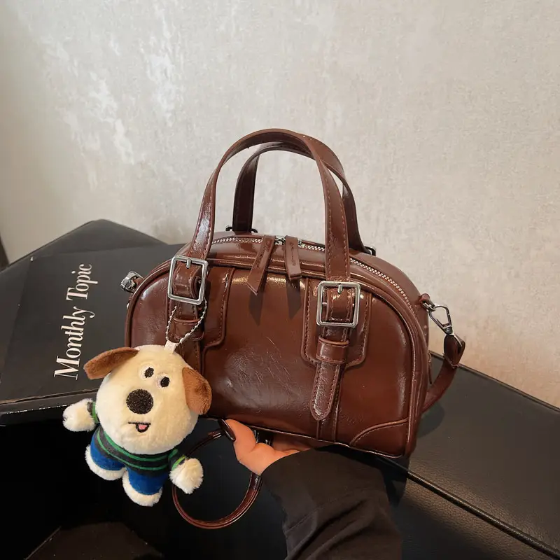 Women's Black Retro Crossbody Bag with Cute Bear Pendant