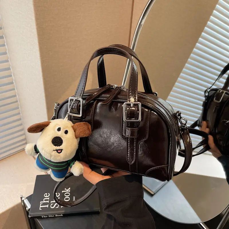 Women's Black Retro Crossbody Bag with Cute Bear Pendant
