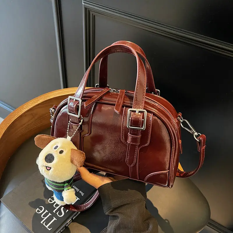 Women's Black Retro Crossbody Bag with Cute Bear Pendant