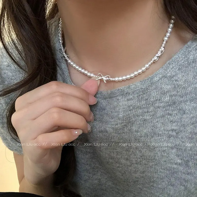 Silver Bow Pearl Choker Necklace for Women - Image 2