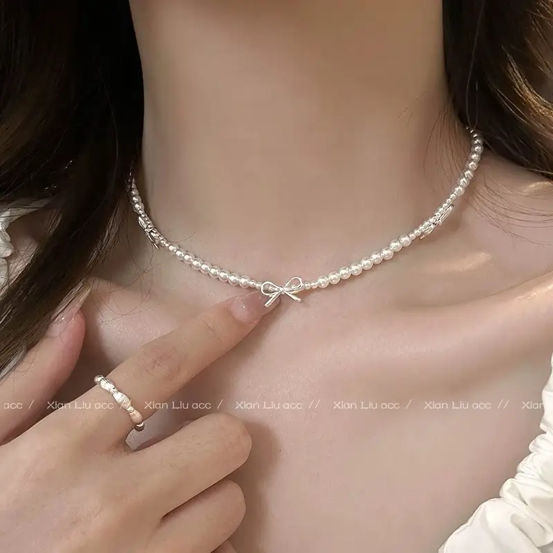 Silver Bow Pearl Choker Necklace for Women - Image 3