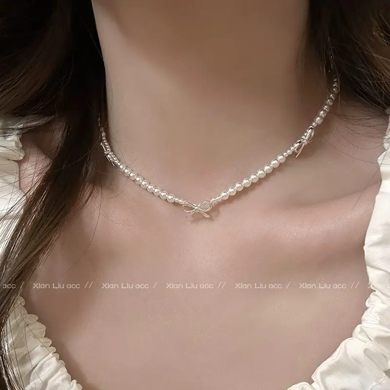 Silver Bow Pearl Choker Necklace for Women - Image 4