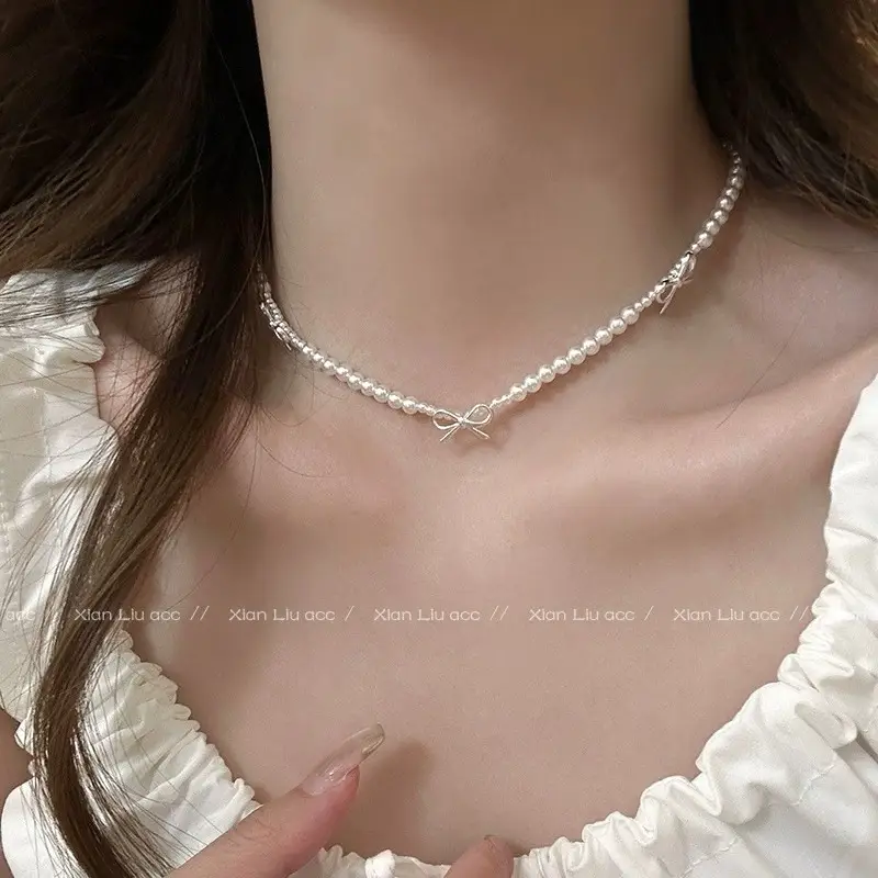 Silver Bow Pearl Choker Necklace for Women - Image 5
