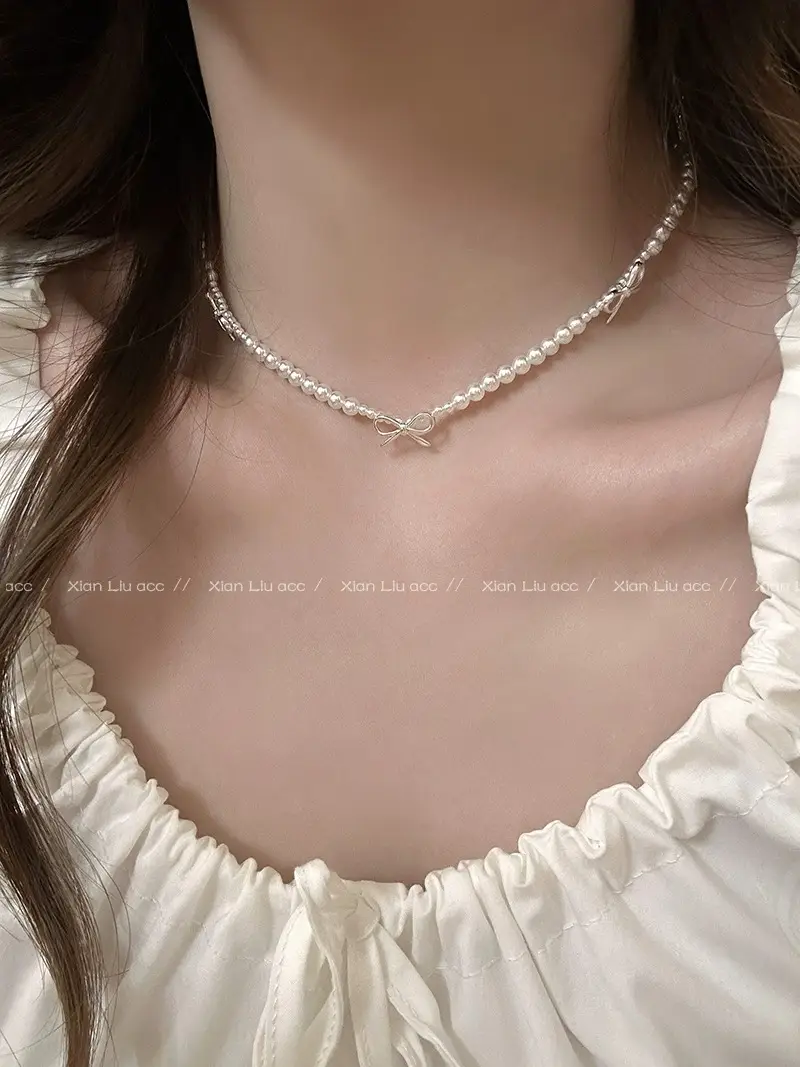 Silver Bow Pearl Choker Necklace for Women — feature 1