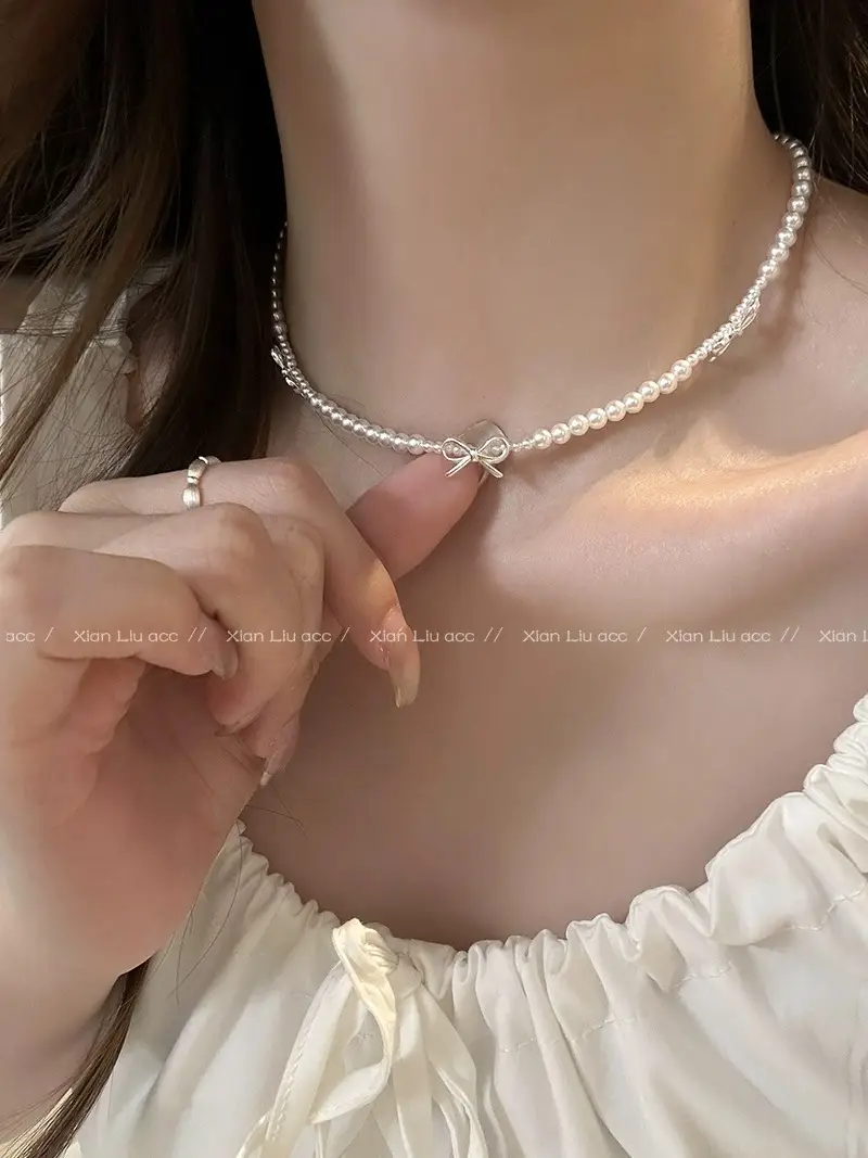 Silver Bow Pearl Choker Necklace for Women — feature 2