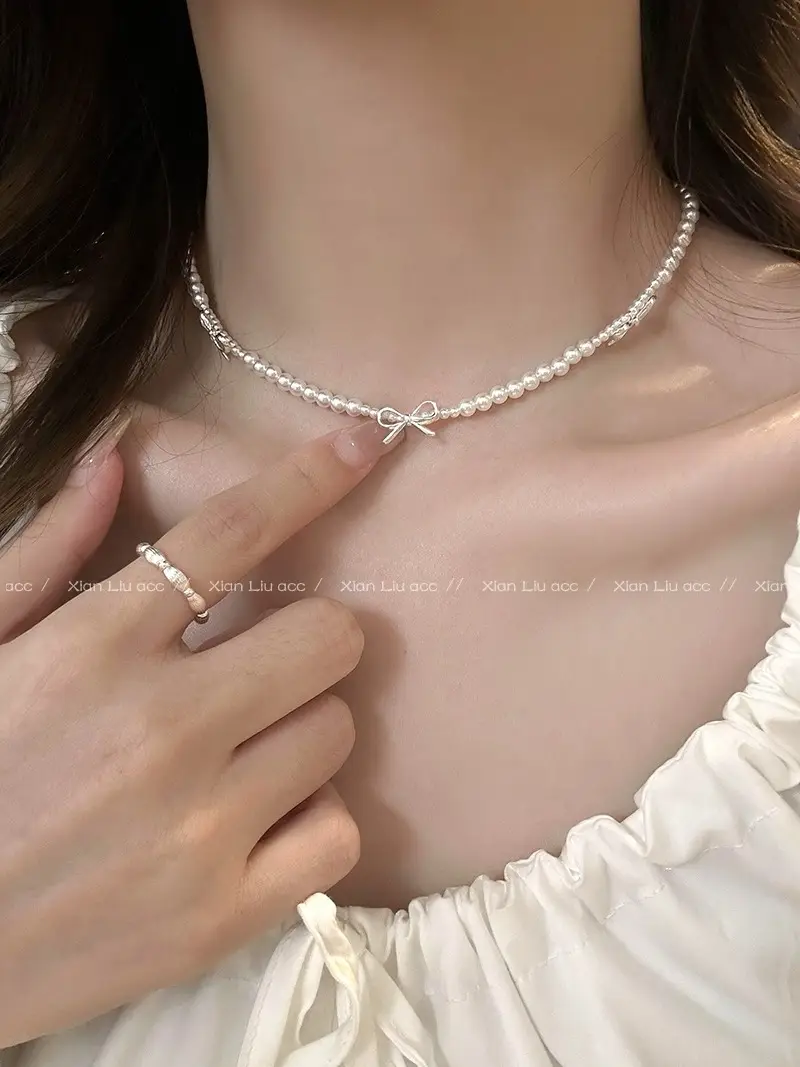 Silver Bow Pearl Choker Necklace for Women — feature 4