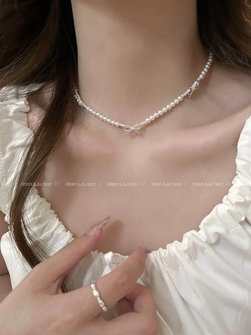 Silver Bow Pearl Choker Necklace for Women — feature 5