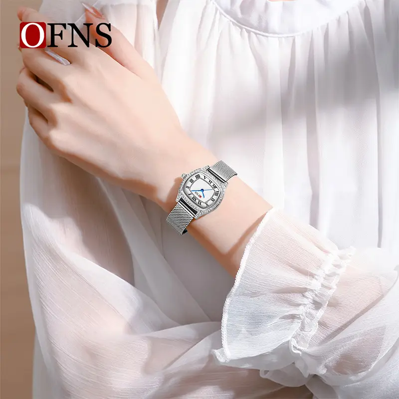 Women's Gold Mesh Watch with Diamonds & Roman Scale - Image 6