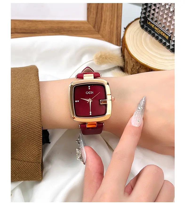 Goldie Women's Red Leather Band Quartz Watch — feature 11
