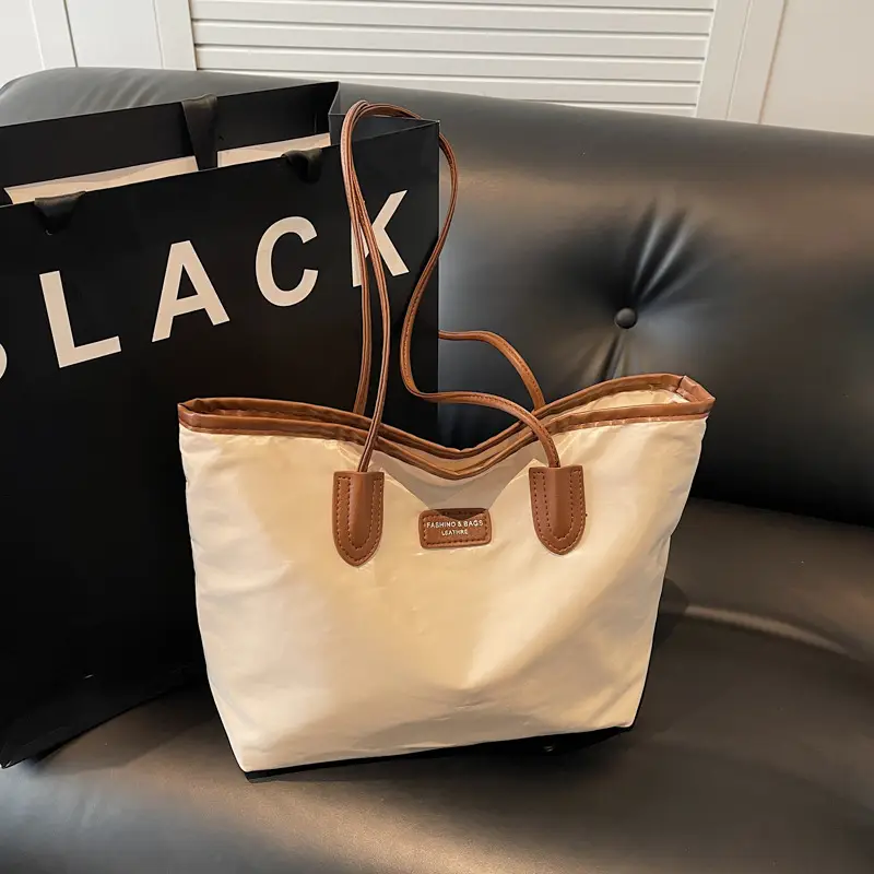 Oxford Cloth Colorblock Large Tote Bag Brown - Image 5