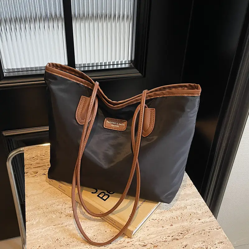 Oxford Cloth Colorblock Large Tote Bag Brown - Image 6