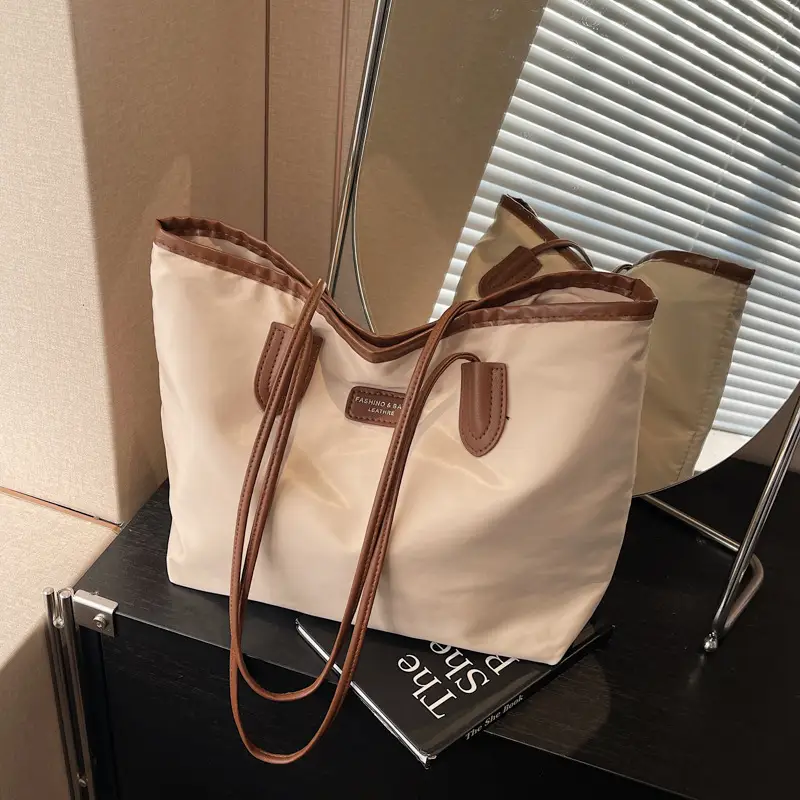 Oxford Cloth Colorblock Large Tote Bag Brown - Image 7