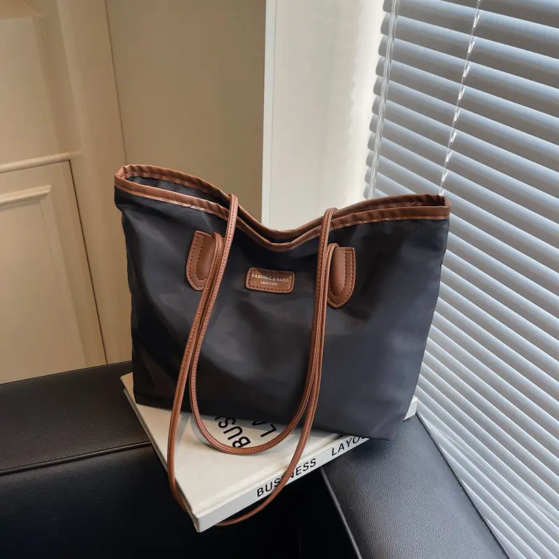 Oxford Cloth Colorblock Large Tote Bag Brown - Image 8
