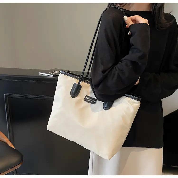 Oxford Cloth Colorblock Large Tote Bag Brown — feature 11